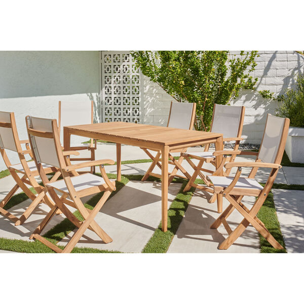 Del Ray Natural Teak Seven-Piece Rectangular Outdoor Dining Set with White Textilene Fabric, image 2
