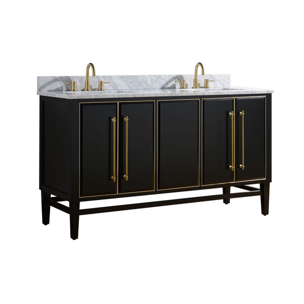 Black 61-Inch Bath vanity Set with Gold Trim and Carrara White Marble Top, image 2