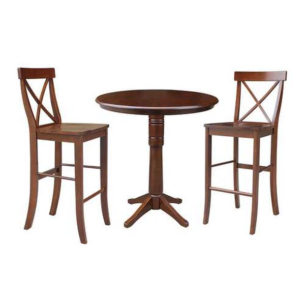 Espresso Round Pedestal Bar Height Table with X-Back Stools, 3-Piece, image 1