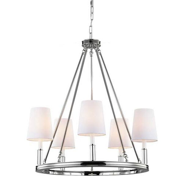 Bradford Polished Nickel Five-Light Chandelier with White Fabric Shade, image 1