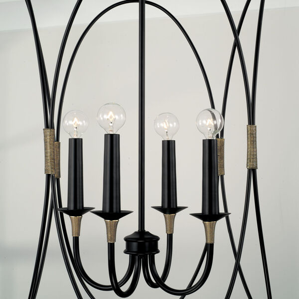 Amara Matte Black with Brass Four-Light Chandelier with and Brass Wrapped Detail, image 3