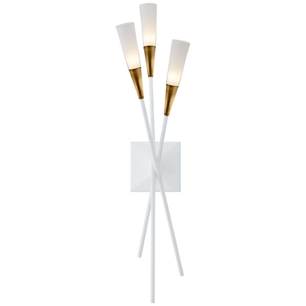Stellar Triple Tail Sconce in Matte White and Antique Brass with Frosted Acrylic by Chapman  and  Myers, image 1