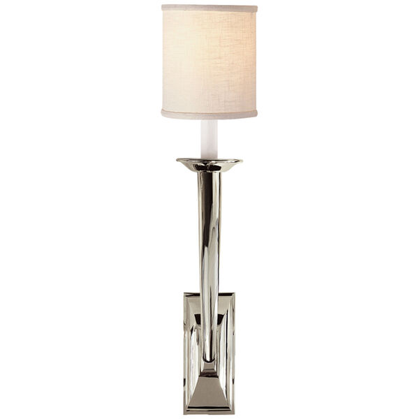 French Deco Horn Sconce in Polished Nickel with Linen Shade by Studio VC, image 1