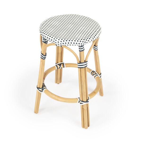 Tobias White and Navy Dot on Natural Rattan Counter Stool, image 1