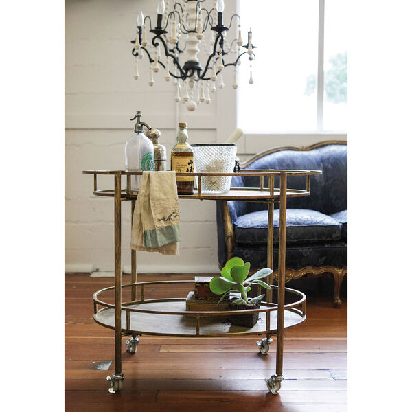 Gold Metal Oval Two-Tier Bar Cart on Casters, image 1
