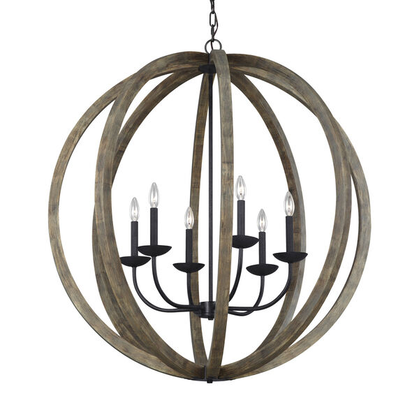 Allier Weathered Oak Wood and Antique Forged Iron 38-Inch Six-Light Pendant Chandelier, image 2