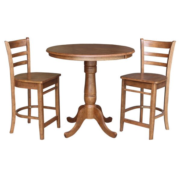 Emily Distressed Oak 36-Inch Round Extension Dining Table with Two Stool, image 1