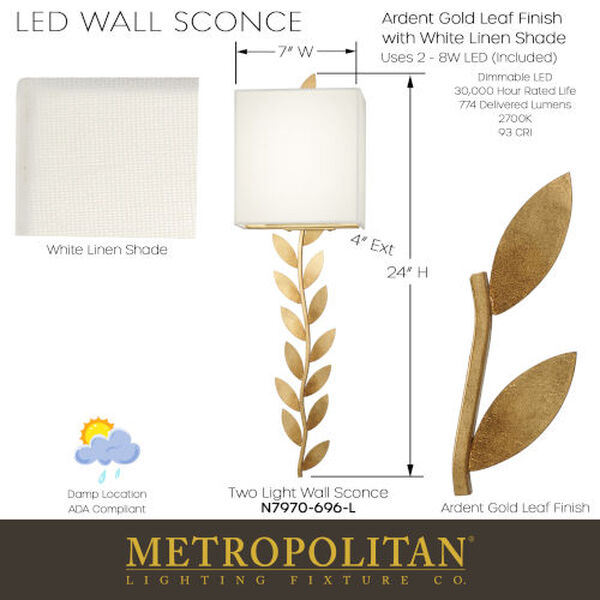 Arbor Grove Ardent Gold Leaf Two-Light LED Wall Sconce, image 2