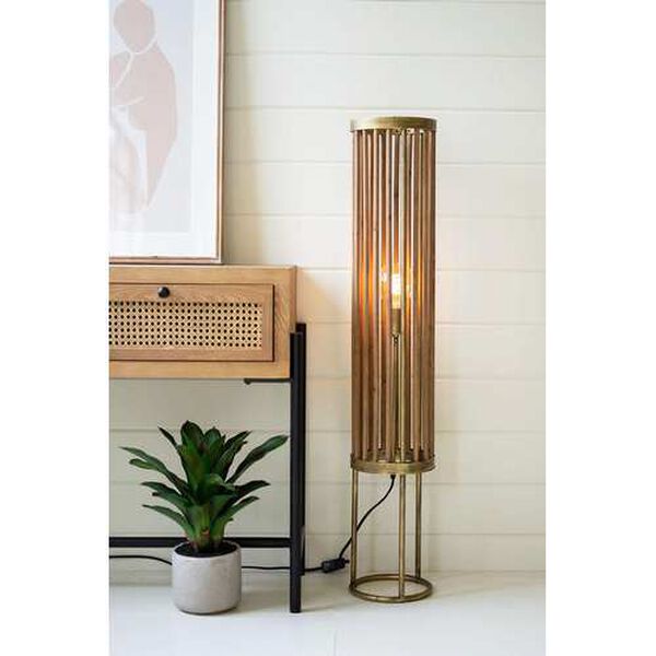 Brass Round and Wood Cylinder Floor Lamp, image 4