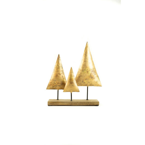 Antique Gold Three Metal Christmas Trees On a Wooden Base, image 2