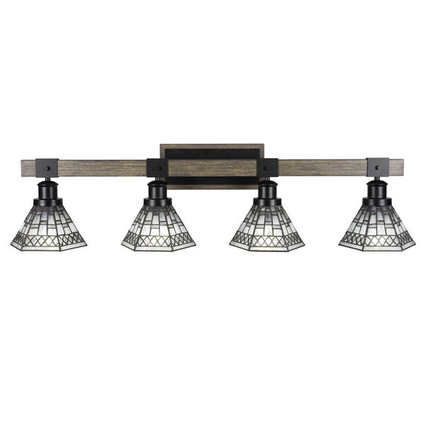 Tacoma Matte Black and Distressed Wood-lock Metal 38-Inch Four-Light Bath Light with Pewter Art Glass Shade, image 1