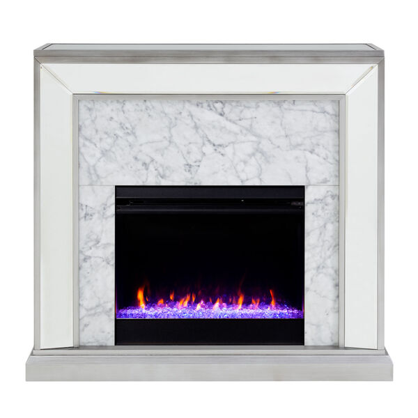 Trandling Antique Silver Mirrored Faux Stone Electric Fireplace with Color Changing Firebox, image 2