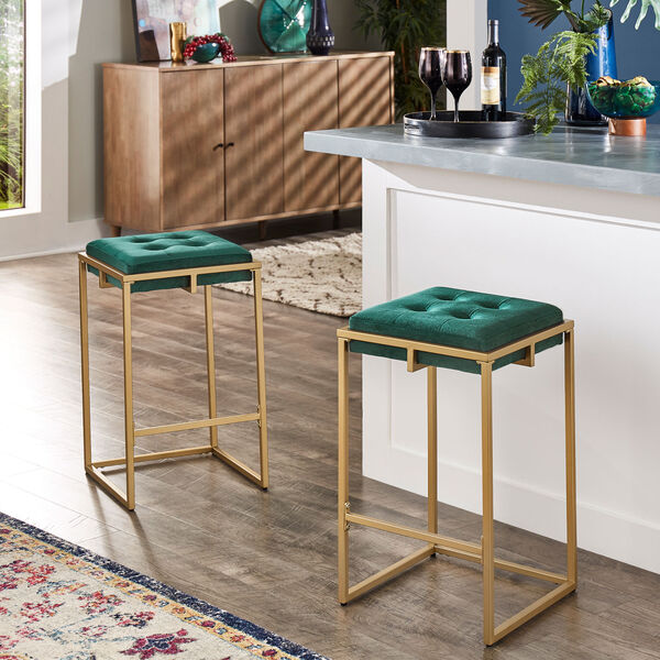 Minnie Gold and Green Velvet Button Tufted Counter Stool, Set of Two, image 6