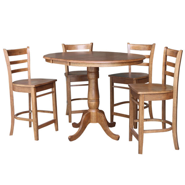 Emily Distressed Oak 36-Inch Round Extension Dining Table with Four Stool, image 1