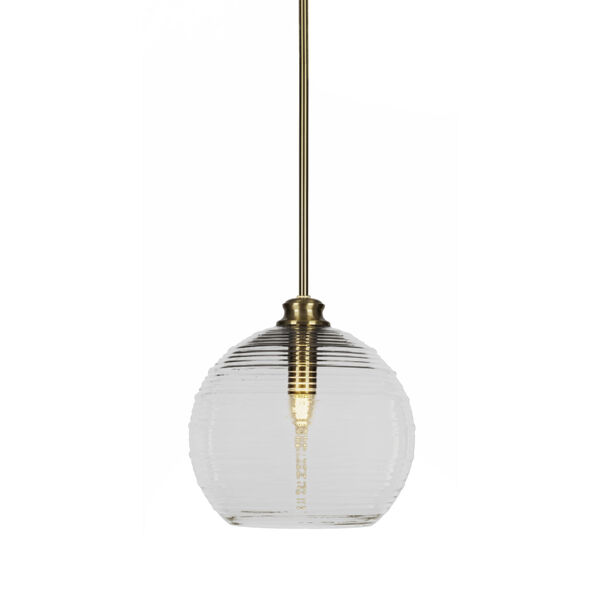 Malena New Age Brass 12-Inch One-Light Stem Hung Pendant with Clear Ribbed Glass Shade, image 1