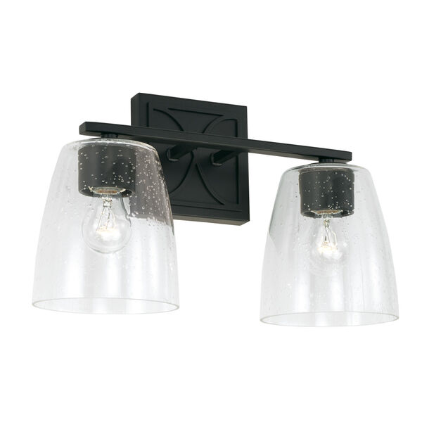 Sylvia Matte Black Two-Light Bath Vanity with Clear Seeded Glass Shades, image 1