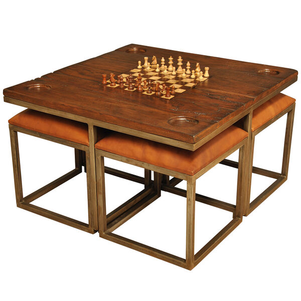 Fruitwood and Pewter Low Game Table with Four Stools, image 1