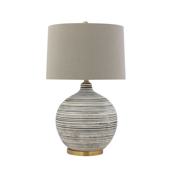 Collected Notions Textured Black and White Striped Ceramic Table Lamp with Grey Linen Shade, image 1