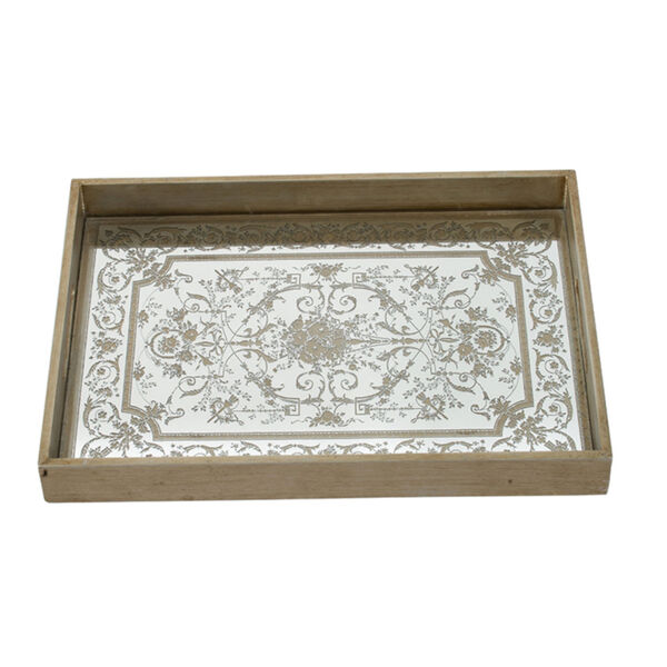 Gold and Mirror Decorative Tray with Floral Design, image 2