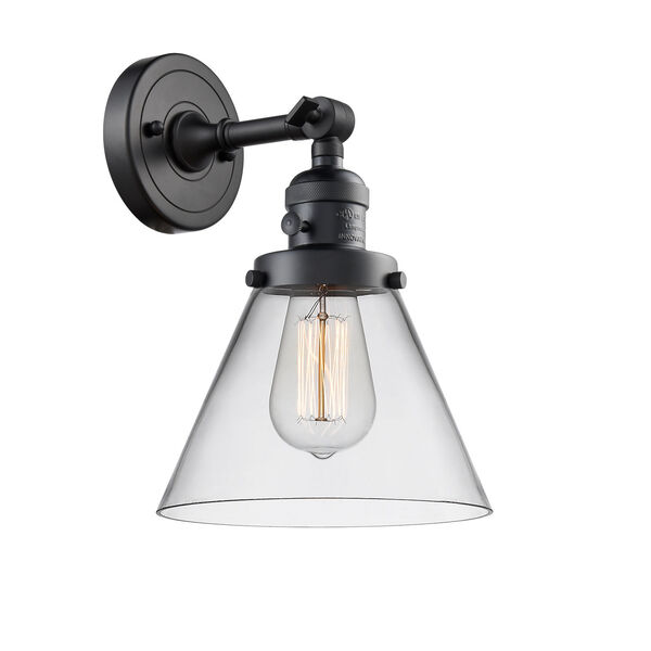 Large Cone Matte Black One-Light Wall Sconce with Clear Glass, image 1