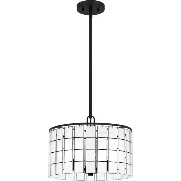 Seigler Matte Black Three-Light Pendant with Etched Glass Panels, image 1