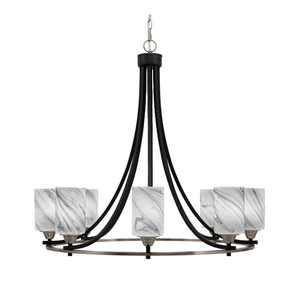 Paramount Matte Black Brushed Nickel Eight-Light Chandelier with Onyx Cylinder Swirl Glass, image 1