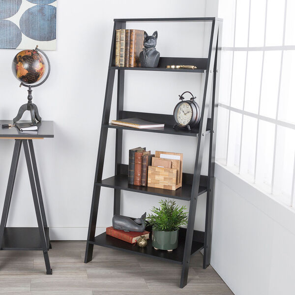 55-Inch Wood Ladder Bookshelf - Black, image 1