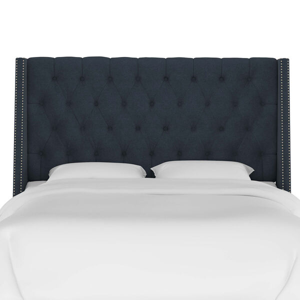 Queen Linen Navy 66-Inch Nail Button Tufted Wingback Headboard, image 2