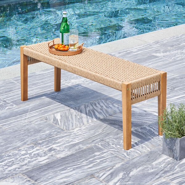 Chesapeake Honey Two-Seater Patio Acacia Wood Mixed Strapped Rattan Garden Bench, image 2