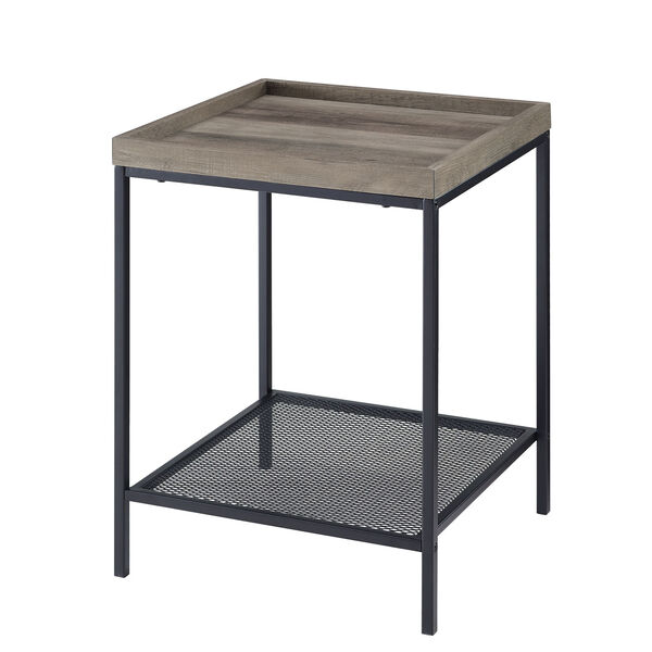 18-Inch Grey Wash Square Tray Side Table with Mesh Metal Shelf, image 1