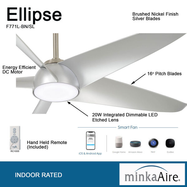Ellipse Brushed Nickel with Silver 60-Inch LED Smart Ceiling Fan, image 4