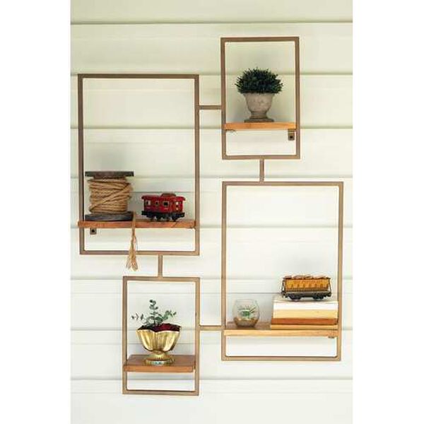 Gold Iron and Wood Wall Unit with 4 Shelves, image 3