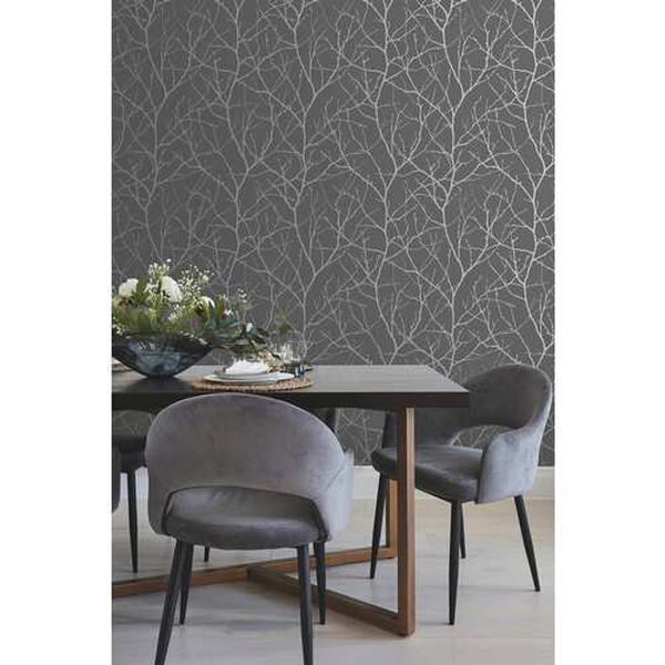 Trees Silhouette Charcoal and Silver Wallpaper, image 1