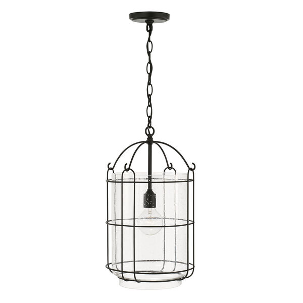 Harmon Matte Black One-Light Pendant with Clear Seeded Glass and Outer Cage, image 3