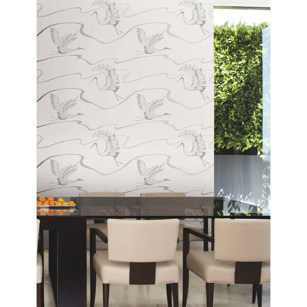 White and Silver 27 In. x 27 Ft. Soaring Cranes Wallpaper, image 2