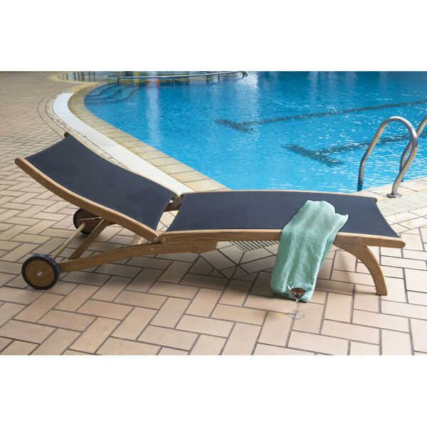 Pearl Black Teak Outdoor Chaise Lounge in Black with Wheels, image 2