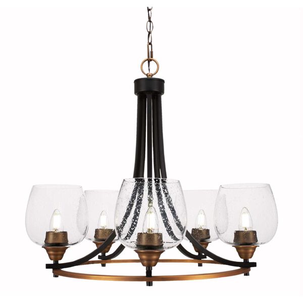 Paramount Matte Black and Brass Five-Light Chandelier with Six-Inch Clear Bubble Glass, image 1