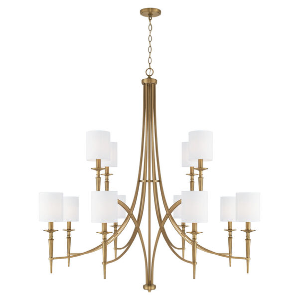 Abbie Aged Brass 12-Light Chandelier with White Fabric Stay Straight Shades, image 1