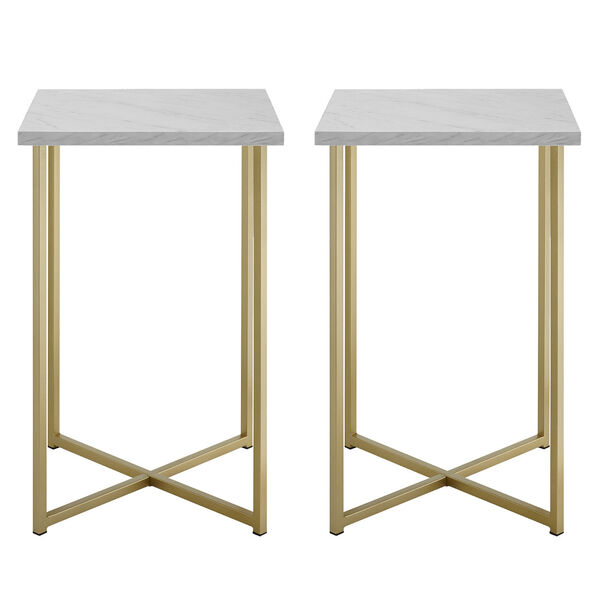 Faux White Marble and Gold Wood Square Side Table, Set of Two, image 3