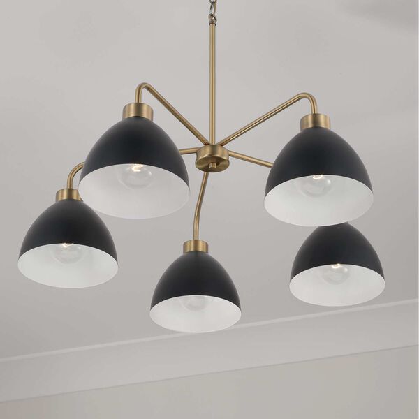 Ross Aged Brass and Black Five-Light Chandelier, image 3