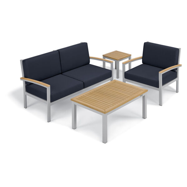 Travira - 4-Piece Seat and Table Chat Set - Midnight Blue Cushion - Natural Tekwood, image 1