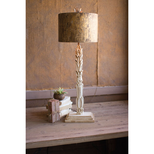 White Wash and Antique Gold One-Light Carved Wooden Base Table Lamp, image 1