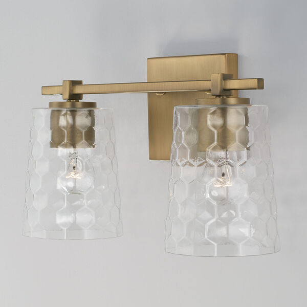 Burke Aged Brass Two-Light Bath Vanity with Clear Honeycomb Glass Shades, image 4