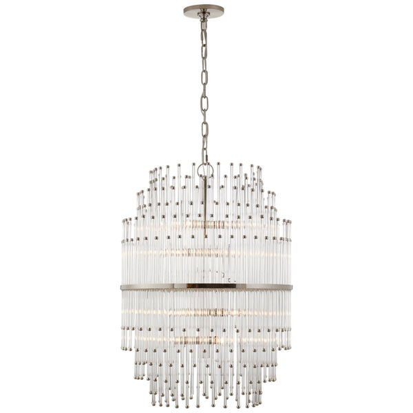 Mia Medium Barrel Chandelier in Polished Nickel with Clear Glass Rods by John Rosselli, image 1