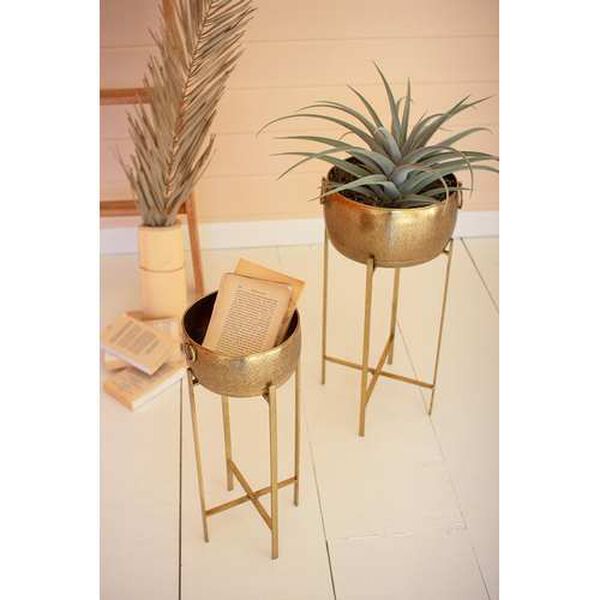 Brass Finish Planters with Stands, Set of Two, image 2