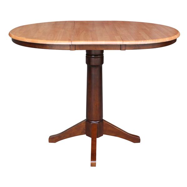 Cinnamon and Espresso 35-Inch High Round Pedestal Counter Height Dining Table with 12-Inch Leaf, image 1