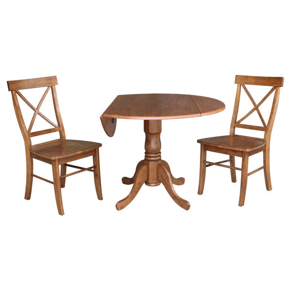 Distressed Oak 42-Inch Dual Drop Leaf Pedestal Table with Two X-Back Side Chair, image 2