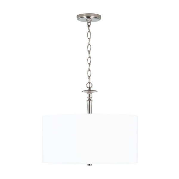 Abbie Polished Nickel and White Three-Light Drum Pendant with White Fabric Shade, image 1
