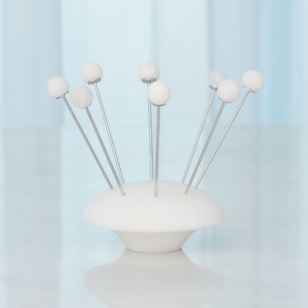 White and Silver Alabaster Cocktail Picks with Base, Set of 8, image 1
