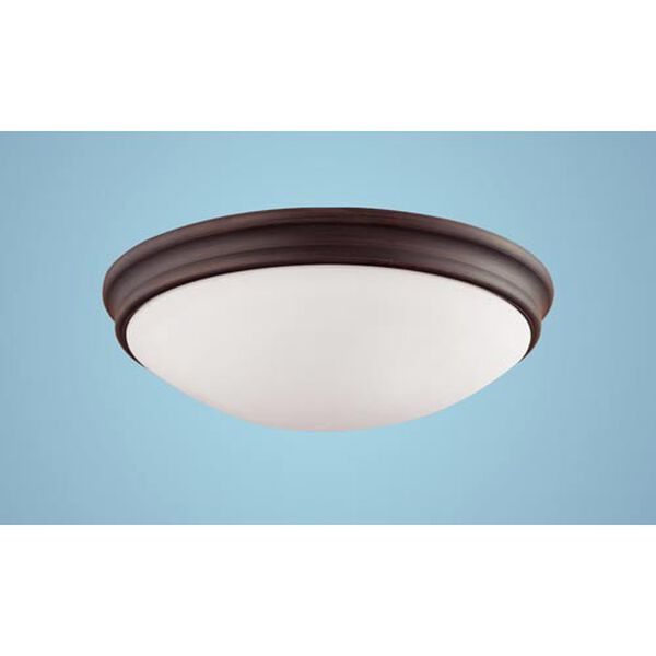 Rubbed Bronze Two-Light Flush Mount with Etched White Glass, image 1
